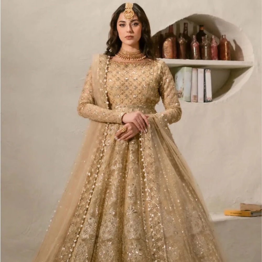 Pakistani Wedding Dress - Luxurious Gold Embellished Long Sleeve Dress